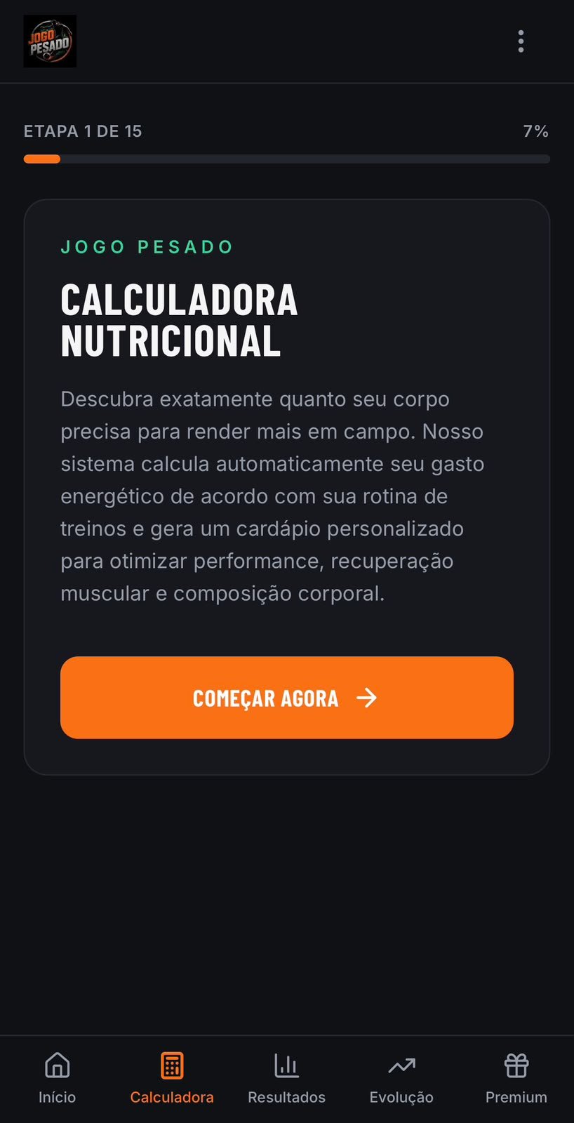 Calculadora nutricional do Jogo Pesado