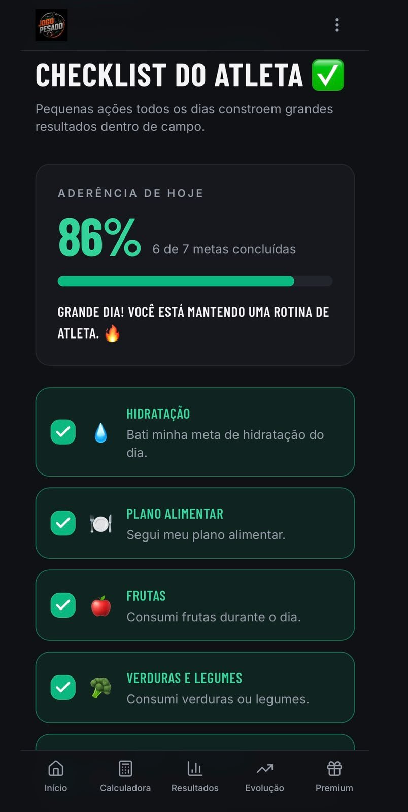 Checklist para acompanhar os hábitos do atleta