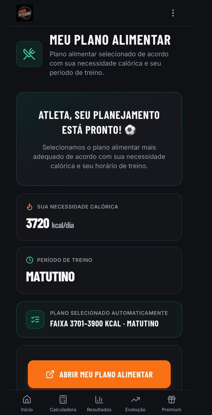 Plano alimentar no Jogo Pesado