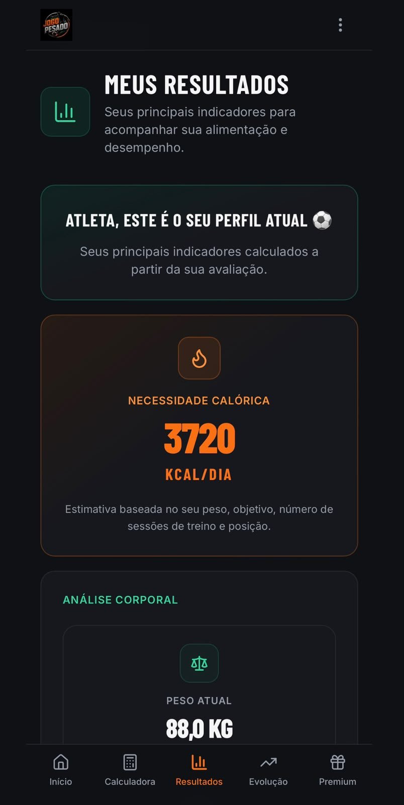 Tela de resultados do Jogo Pesado