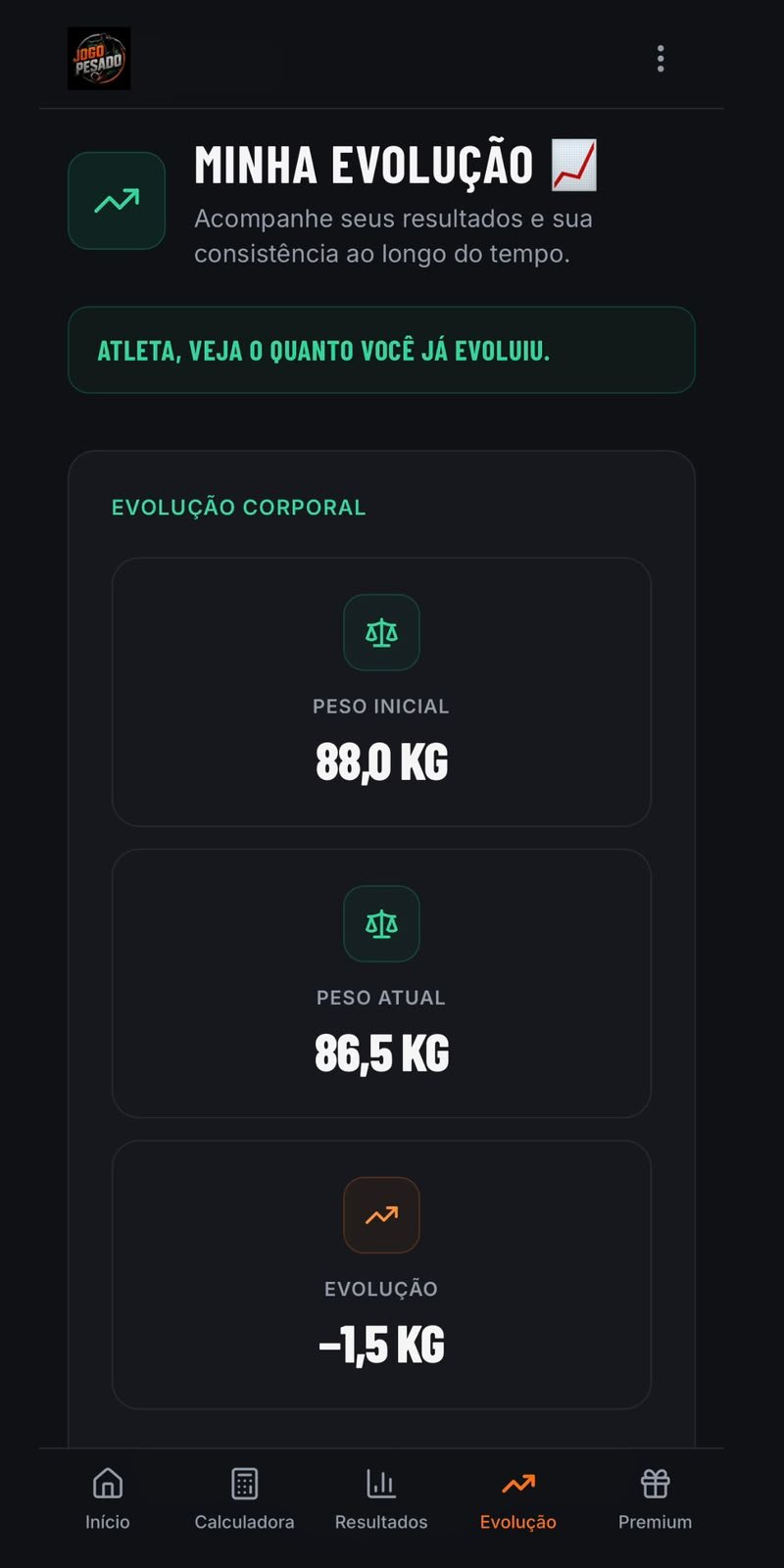 Acompanhamento da evolução corporal do jogador